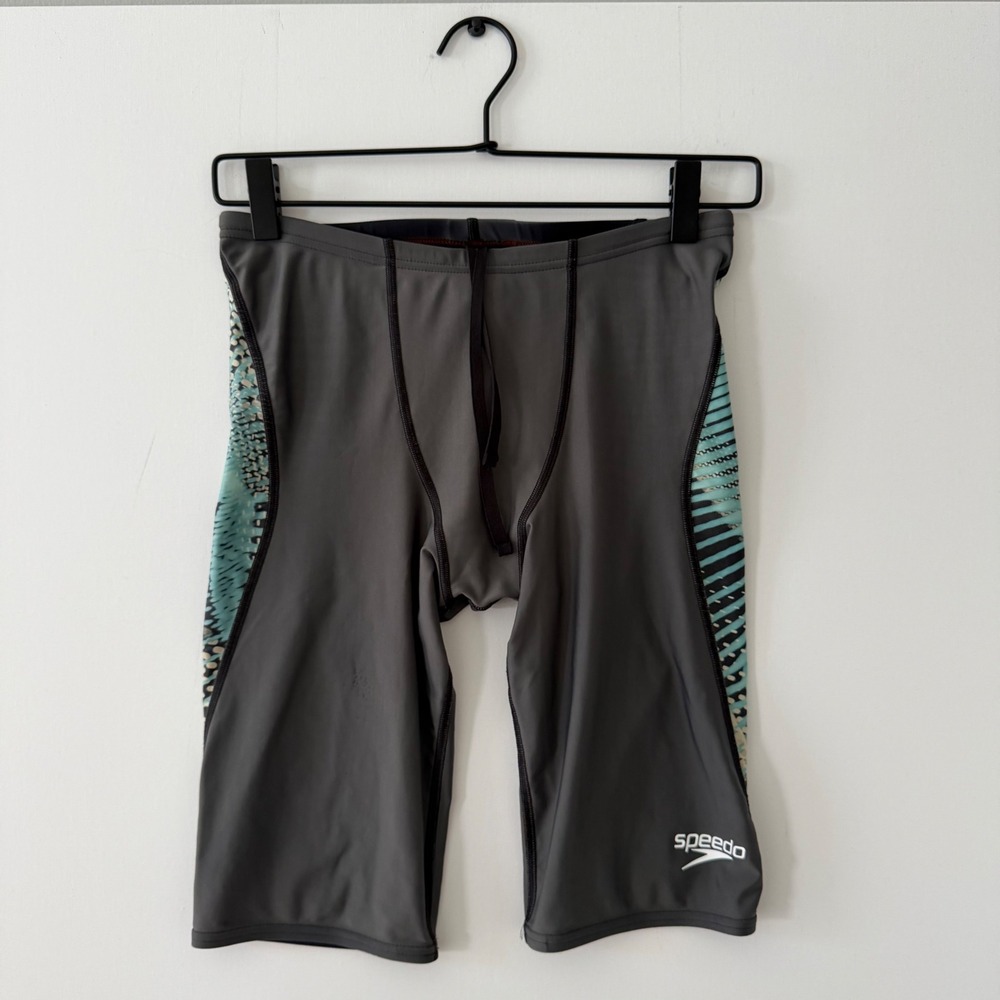 Speedo PowerFLEX Eco Mens Gray Teal Graphic Swim Jammers Size 32 Training Trunks